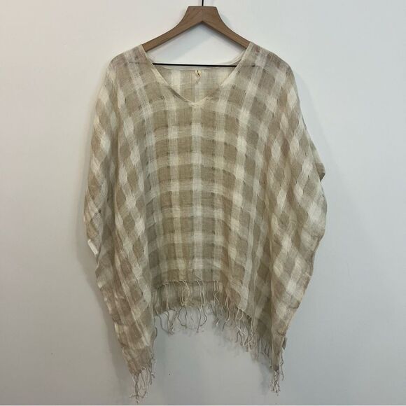 Lula Soul Linen Checkered Lightweight V-neck Poncho with fringe Size Medium - Picture 1 of 15
